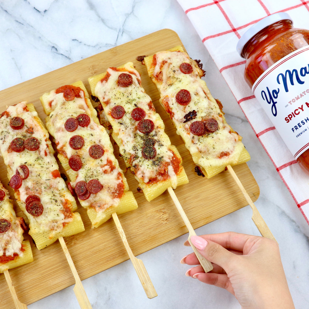 Spicy Marinara Rigatoni Skewers &ndash; Yo Mama's Foods